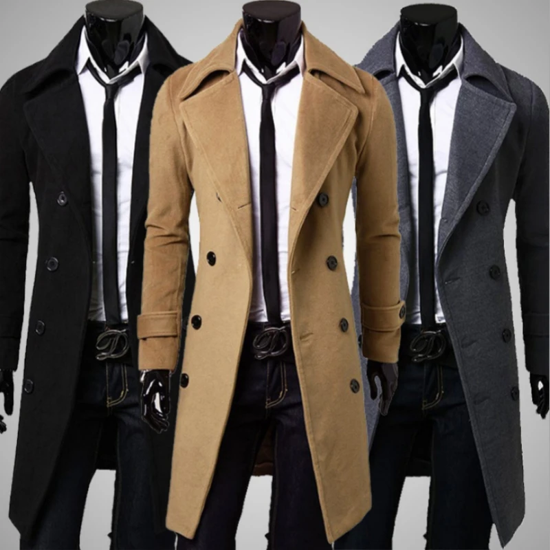 

Mens New Double Breasted Trench Coat Wool Blend High Quality Brand Fashion Casual Slim Fit Solid Color Mens Clothing Coat Jacket
