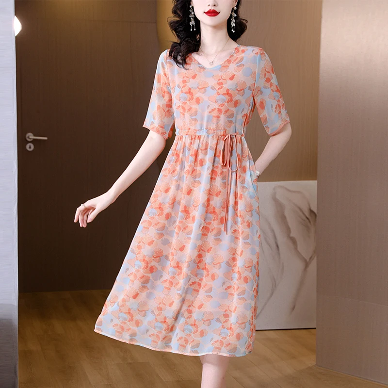 

2023 New Fashion Silk Silk Silk Dress Women's Summer Versatile V-Neck Loose Fit Casual Holiday Party Dress Vestidos
