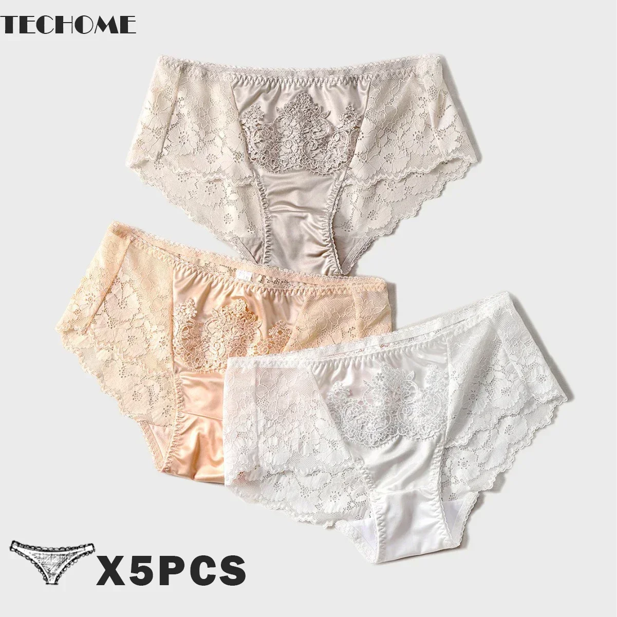 

TECHOME 5PCS Women Crown Briefs Embroidery Low Waist Ladies Panties Lace Sexy Breathable Mid Elastic Satin Hip Lift Underpants