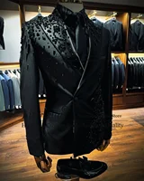 Customized Metallic Jewelry Ornament Tuxedos Men Suit Double Breasted Wedding Groom Male Prom Blazer 2 Pieces Sets Costume Homme 1