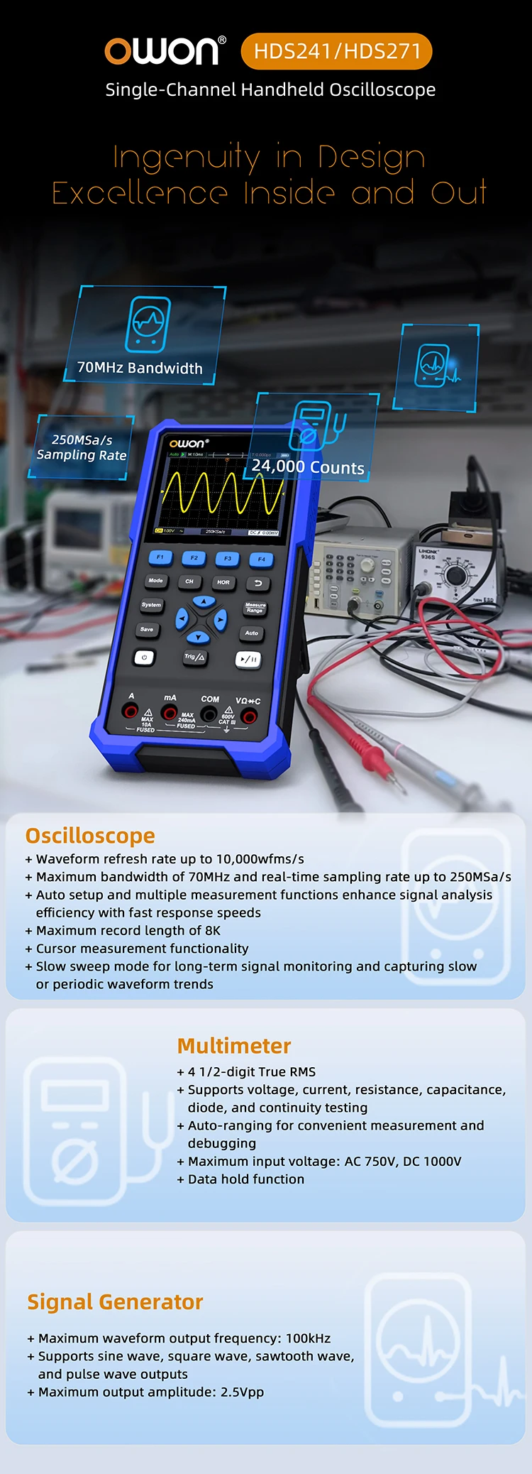 40MHz 70MHz Single Channel Simple 3-in-1 Handheld Digital Oscilloscope 250Msa/s+