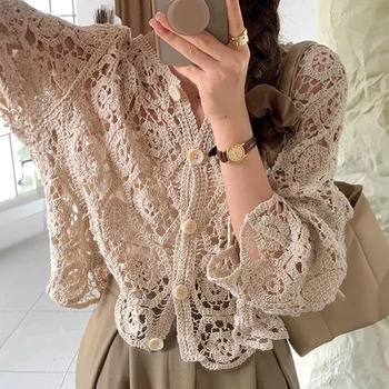 Long Sleeve Crochet Knit Top Beach Bikini Cover Up Button-up Cardigan Blouse Women blusas para mujer Vacation Boho Outfit 1
