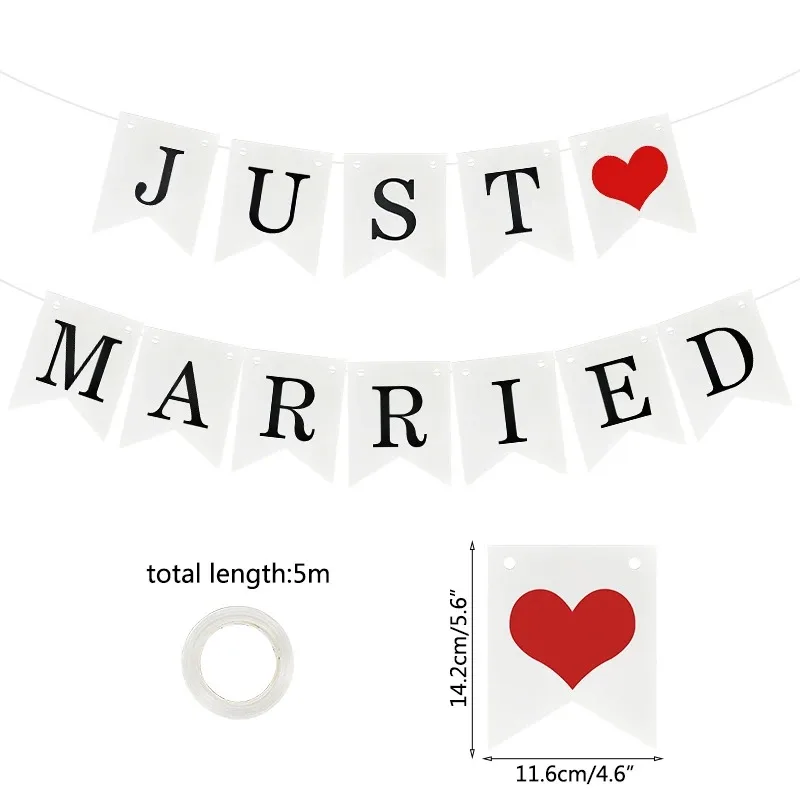 Vintage Pull Flag Bunting Set Just Married Wedding Banner with Floral Accents Bridal Shower Decor Photo Booth Props