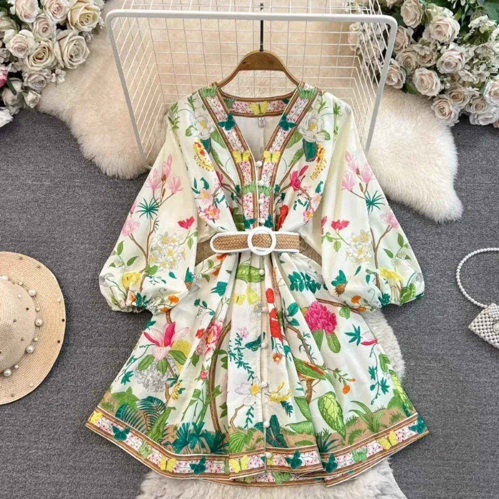 

Vintage Dress Women Floral Print Belt Contrast Color Lantern Sleeve Vestidos Dresses Womens V-Neck French Court Retro Dropship