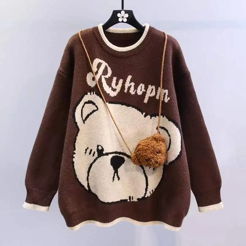 

Cartoon Bear Sweater Women Autumn and Winter 2023 New Loose Lazy Style Design Western Style Age-Reducing Knitted Sweater Top
