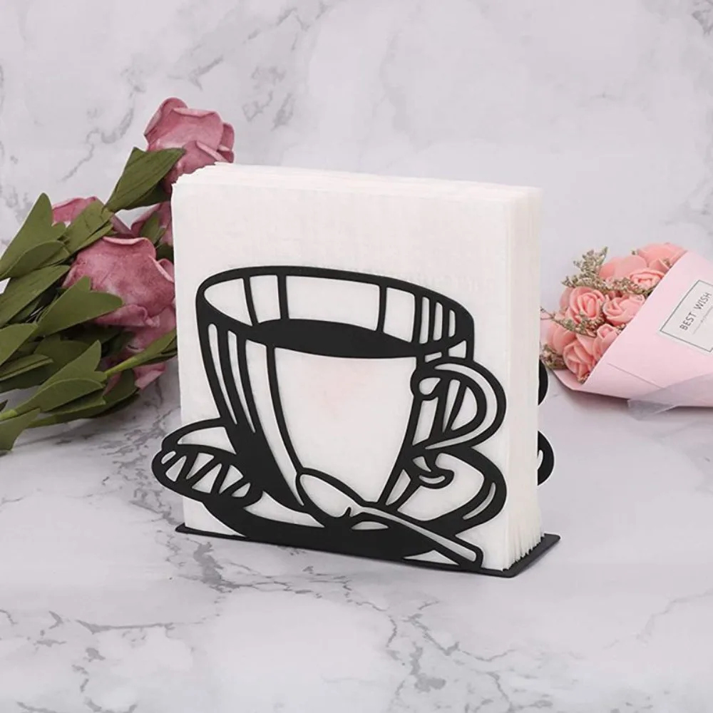 Standing Napkin Dispenser for Table Black Stainless Steel Coffee Cup Theme Napkin Holder 5.1*3.9*1.57 Inches Home Decors napkin dispenser