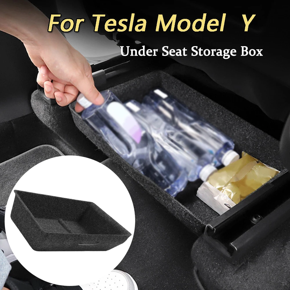 1pc For Tesla Model Y 2020-2022 Accessories Black Under Seat Storage Box Drawer Hidden Type for tesla model y 2020 2022 under seat storage box accessories black felt cloth car seat hidden box