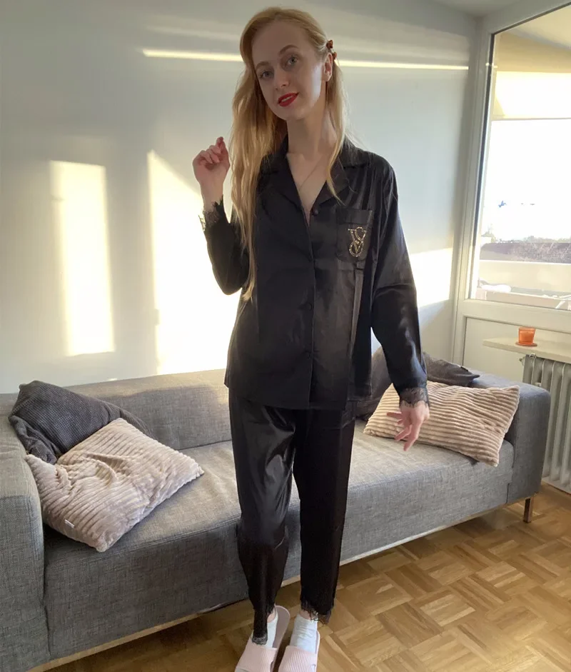 Silk Lace Pajamas Shirt Trousers Satin Luxury New Home Clothes Sexy Thin Evening Wear Women\'s Pajamas Autumn Two-piece Suit