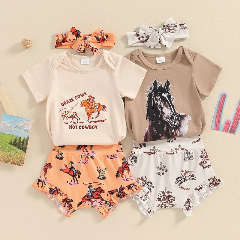 

2024-03-14 Lioraitiin 0-18M Newborn Baby Girls 3Pcs Western Outfits Short Sleeve Horse Print Romper+Shorts+Headband Set Clothes