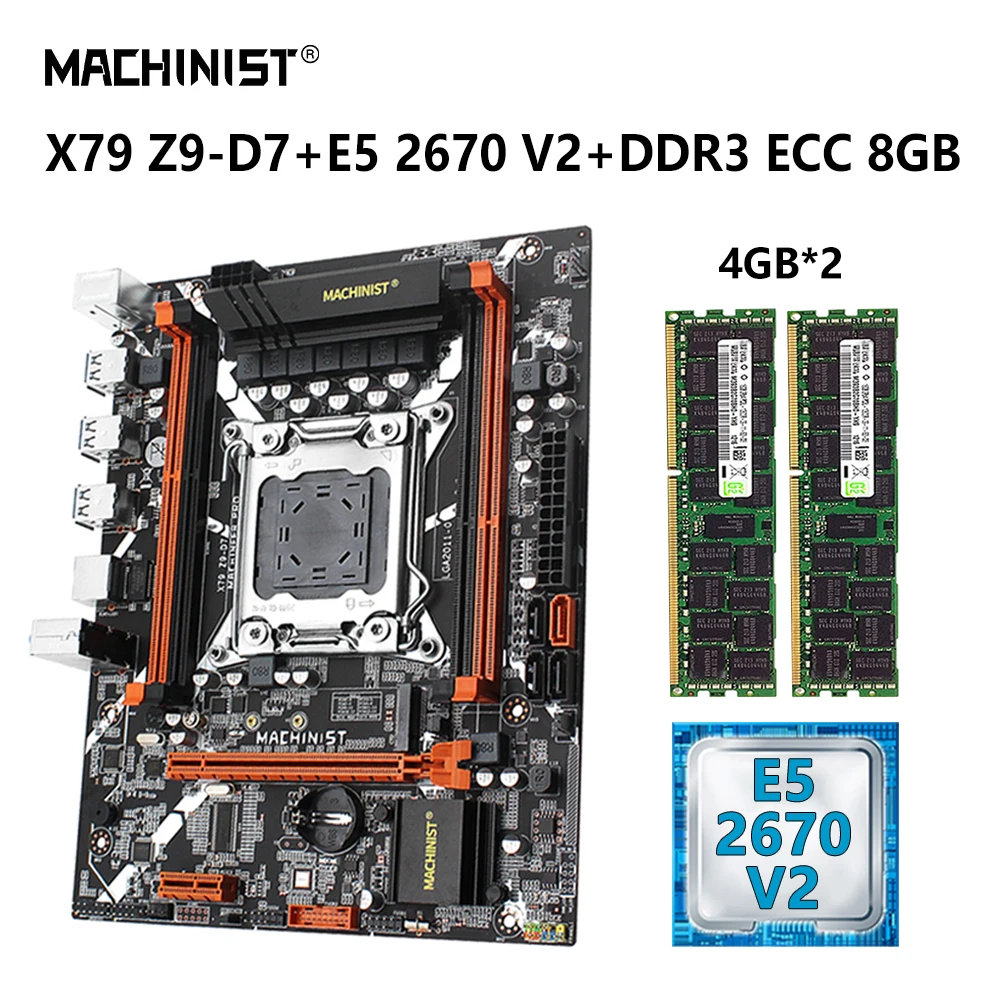 

MACHINIST X79 Motherboard Kit Xeon E5 2670 V2 CPU Set LGA 2011 Processor 8GB=4gb*2 DDR3 ECC RAM Memory Combo NVME M.2 SATA Z9-D7