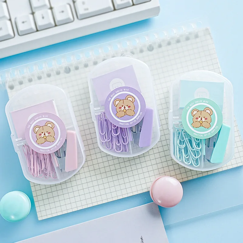 Portable mini stapler small stapler office supplies macaron color paper clip set