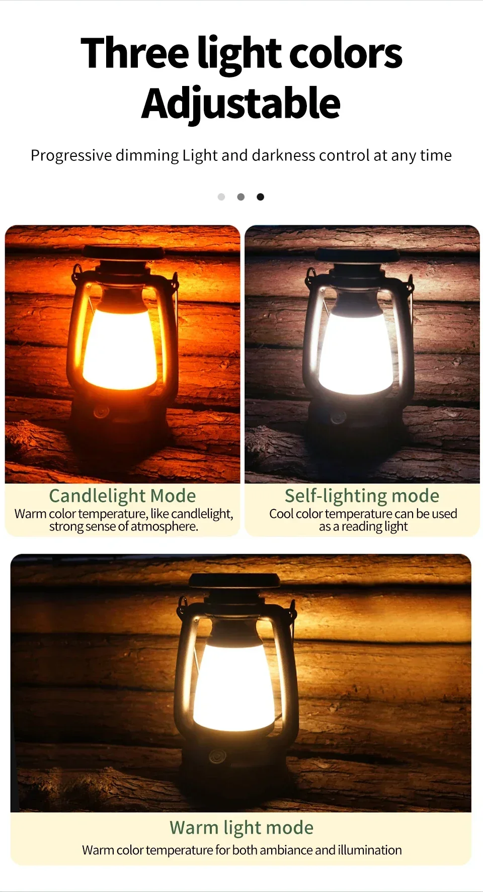 Description Picture 6 of itemOutdoor Solar Camping Light USB Rechargeable Camping Lanterns 3 Light Modes Stepless Dimming Portable Tent Hiking Fishing Light
