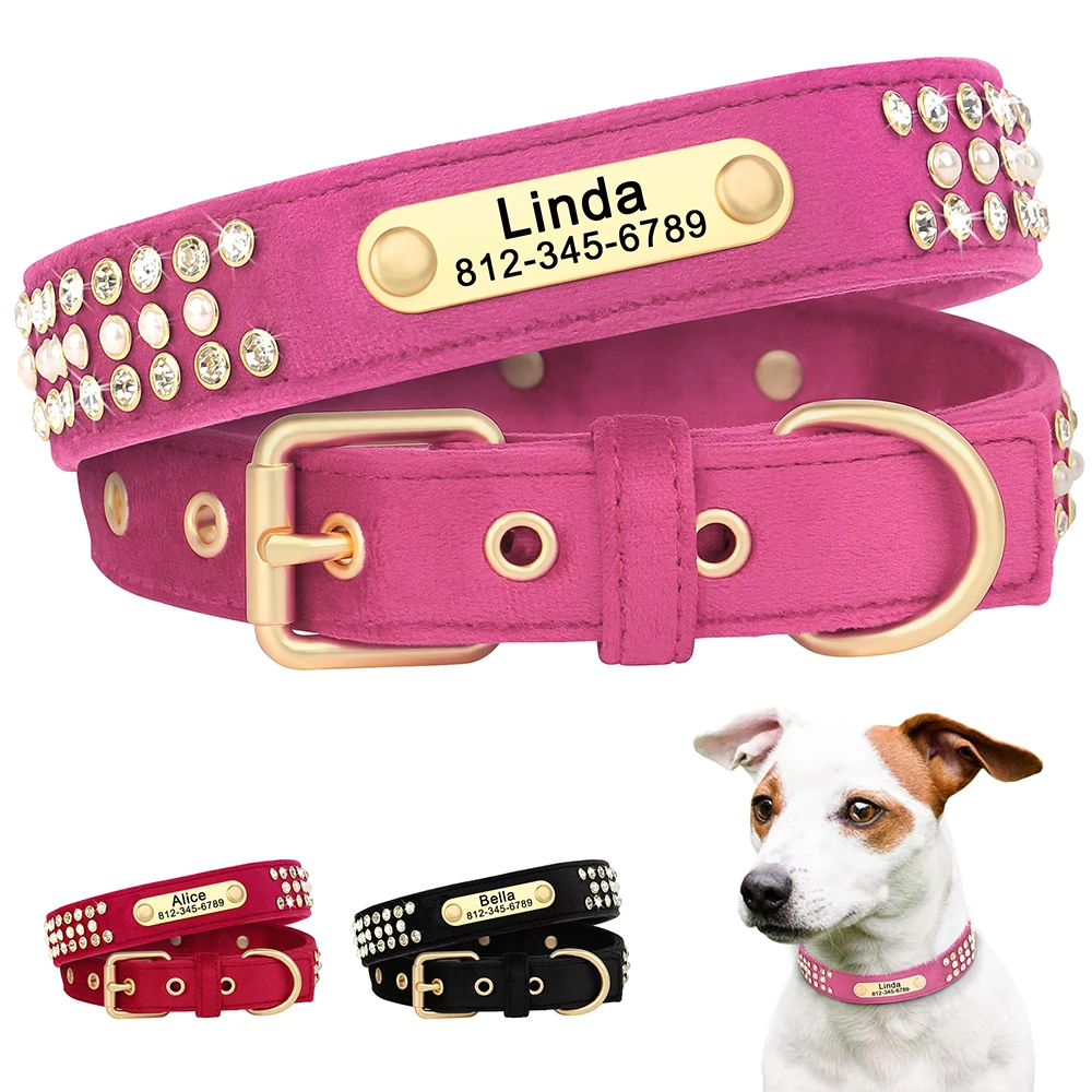 Custom Dog Collar Bling Rhinestone Puppy Cat Collars Soft Velvet