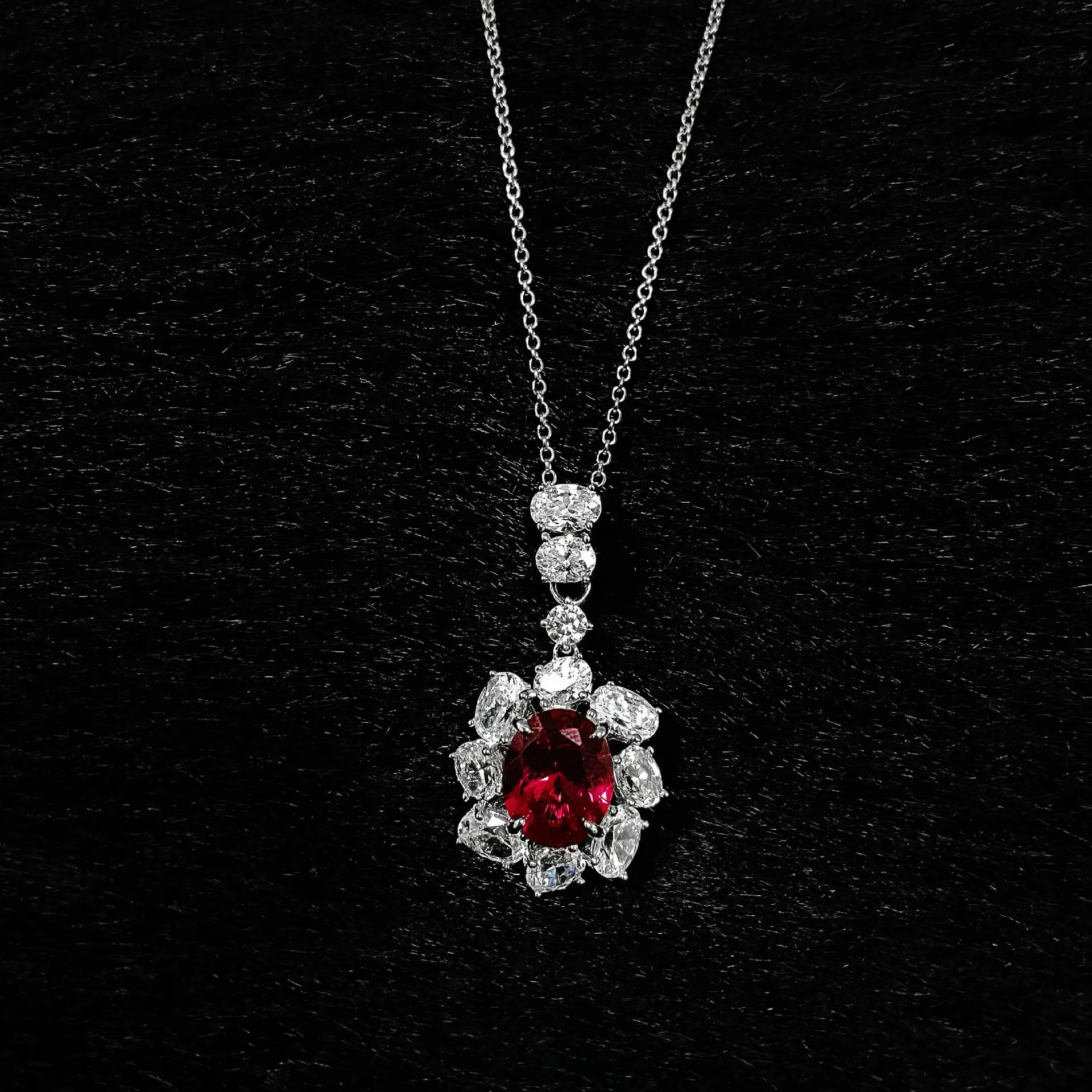 

4ct egg shaped 9 * 11 pigeon egg shaped simulation ruby s925 silver necklace collarbone chain 40+3cm
