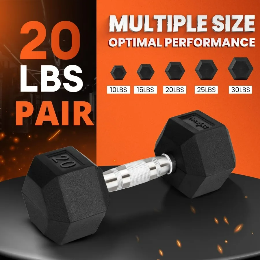 Chrome/Rubber Grip Encased Hex Dumbbells – Hand Weights With Anti-Slip 20 LBS Pair