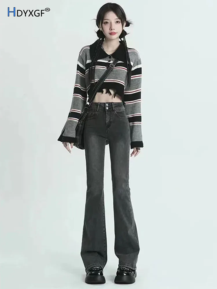 

Women's Retro Slimming Gray Bell-bottoms Autumn High Waist Stretch Baggy Denim Pants Korean Fashion Streetwear Harajuku Trousers