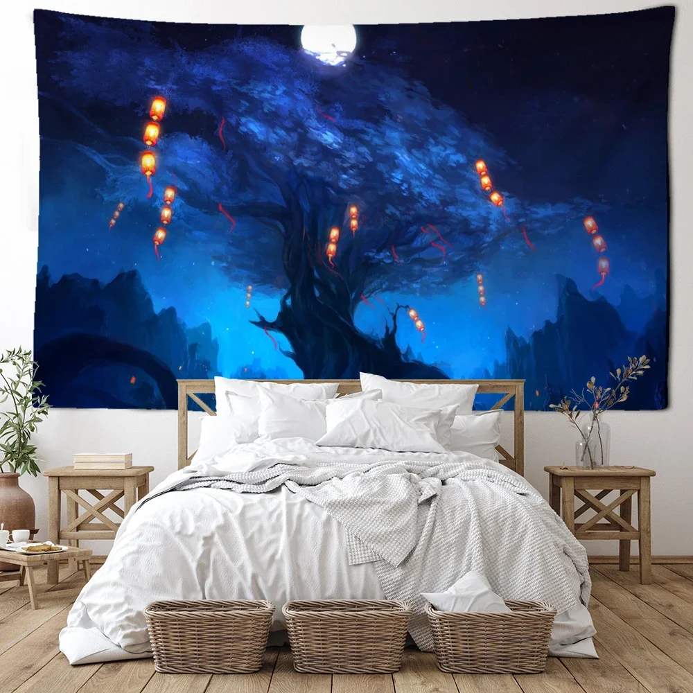 

Lantern Night View Forest Tapestry Wall Hanging Natural Art Landscape Bohemian Hippie Tapez Aesthetic Room Home Decor
