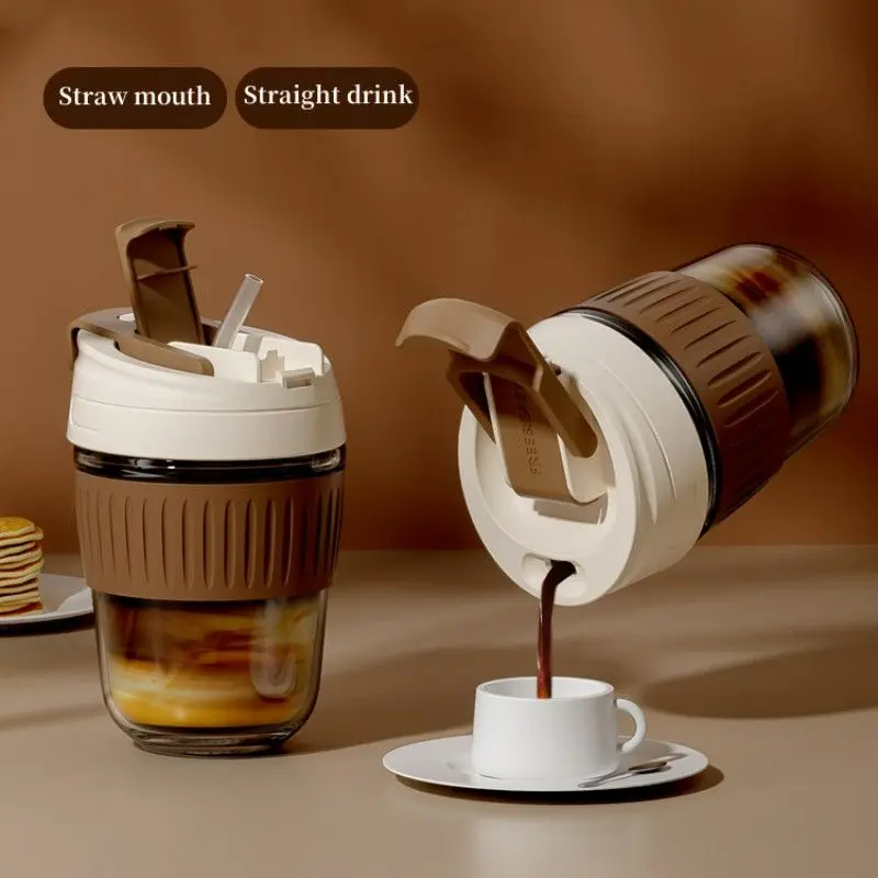 

Straw Cup Portable Milk Tea Cup Milk Coffee Cup Glass Beverage Cup With Lid Straw Double Layer water Cup Accompanying Cup