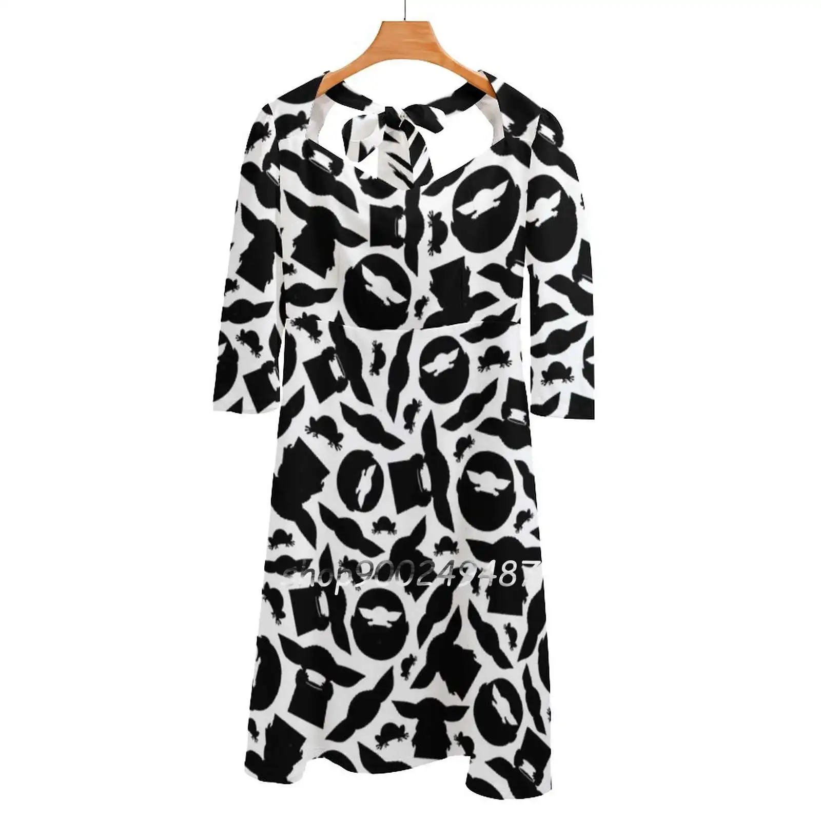 

Monochrome Silhouettes Flare Dress Square Neck Dress Elegant Female Fashion Printed Dress Black White Mono Monochrome