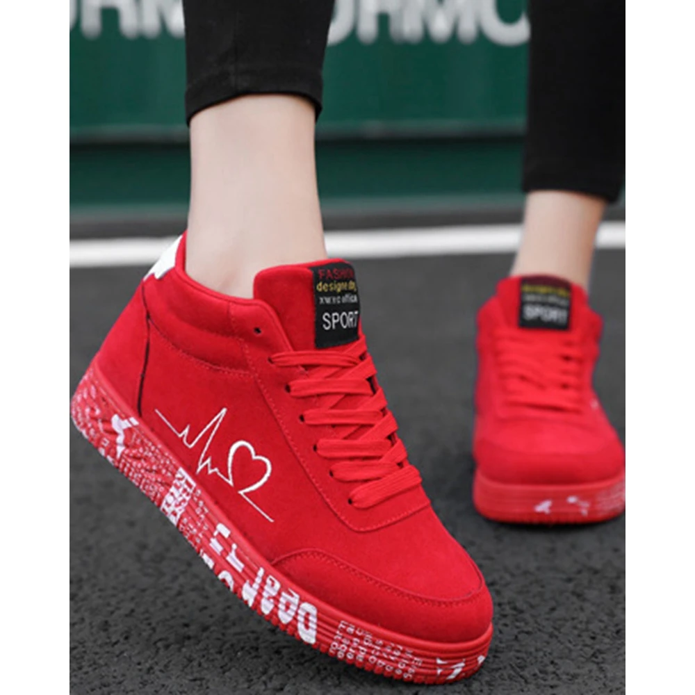 Fashion Women Heart Embroidery Round Toe Lace Up Platform Sneakers Couple Autumn Casual Daily Flats Walking Shoes Korean Style