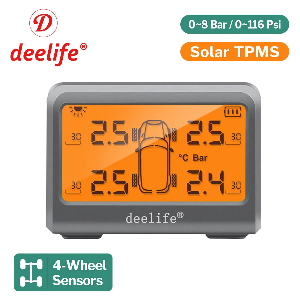 Tire Pressure Monitor Solar TPMS Car with 4 Wheel Tyre Battery Replaceable Internal External Sensors
