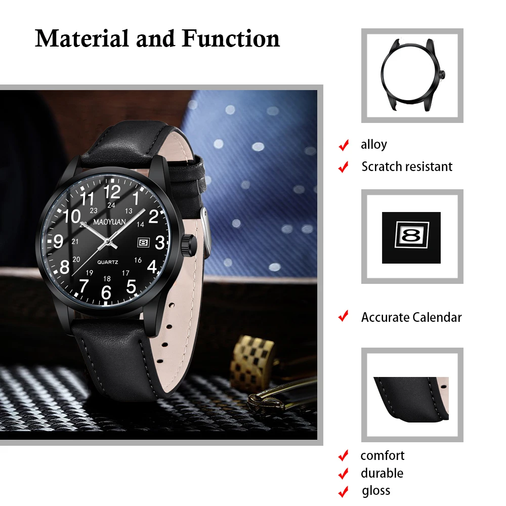 MAOYUAN 2025 New Top Men's Watch Calendar Sports Leisure Fashion Style Brown Black Leather Waterproof Quartz Watch 5