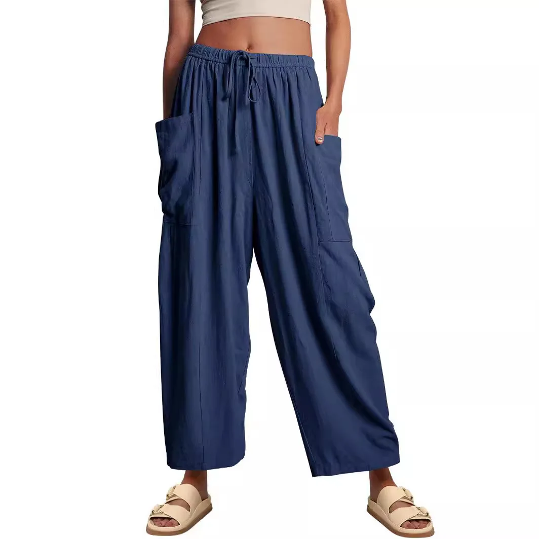 Women's Elastic Waist Fold High Waist Wide Leg Pants Loose Casual Cotton Hemp Long