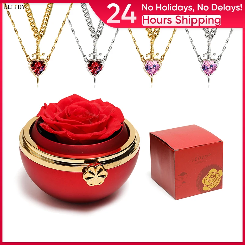 Valentinstagsgeschenk Rote Kristall-Liebeskette Rot Rosa Gold Silber mit echter konservierter Rose Schmuck Geschenkbox-Set