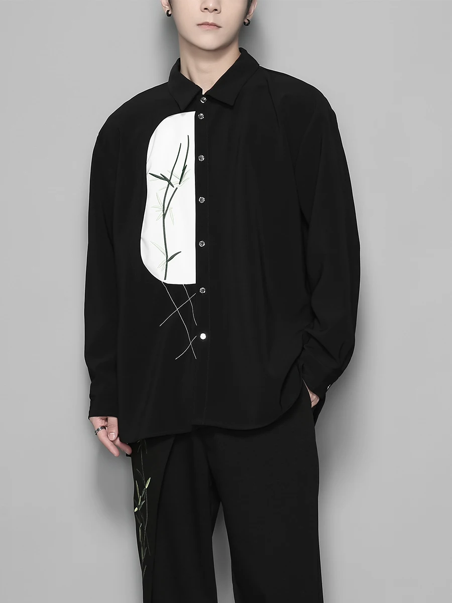 

American Personality Contrast Color Embroidery Design Feeling Plankton Handsome Shirt Men Autumn Long Sleeve Shirt Men