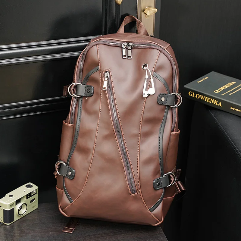 

Fashion Men Backpacks Crazy horse Leather Earphone Hole Travel Laptop Backpack Teenager Student School Backpacks Business Bag