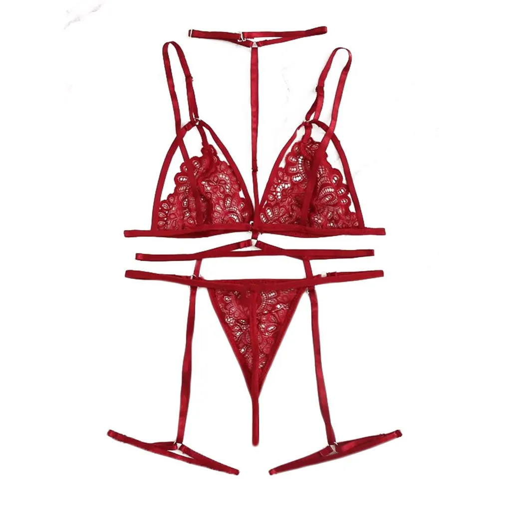 Women Sexy Lingerie V-neck Bra + thong + garter Lingerie Set Underwear S-2xl