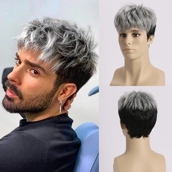 Parrucche ricci sintetiche naturali corte da 10 pollici per uomo Parrucca per capelli in fibra resistente al calore per uso quotidiano Festa in costume di Halloween per le vacanze