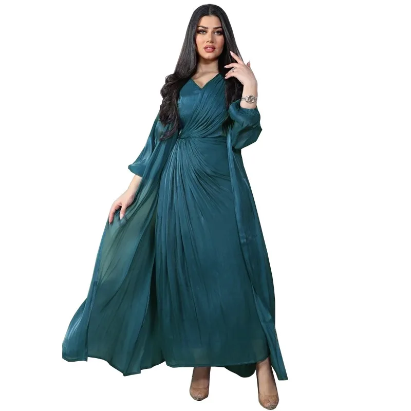 Modest Bright Silk Dress Robe Fashion Abaya Soft Two-Piece Set muslim sets  moroccan caftan for women  long dresses