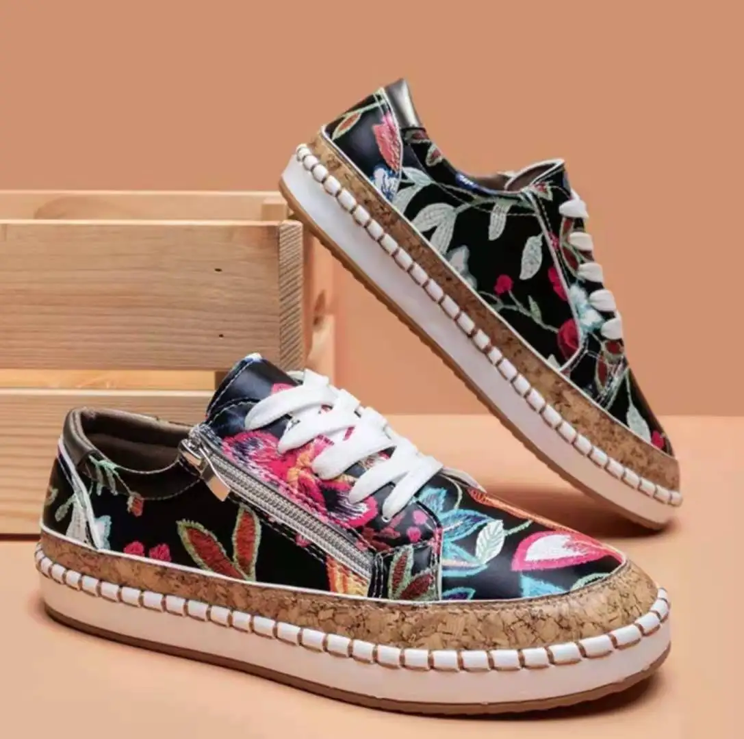 Women Sneakers Elegant Floral Printed Lace Up Flat Shoes
