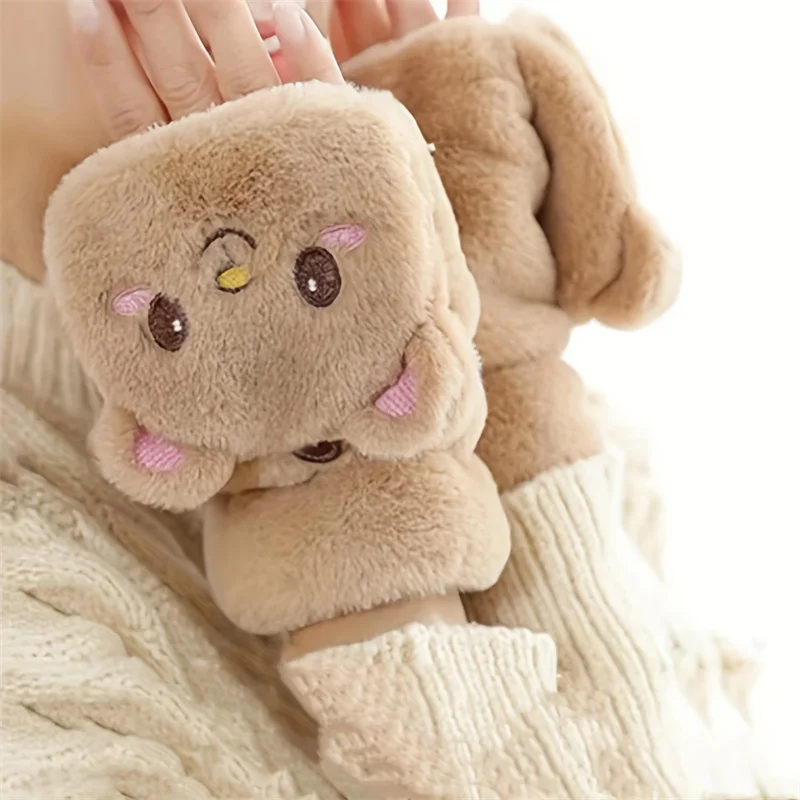 

Women Warm Gloves Cute Cartoon Flip Fingerless Gloves Soft Girls Thick Flexible Half Finger Winter Mittens