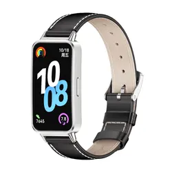 Premium Leather Watch Bracelet Strap - Elegant Replacement Band - Huawei Band 10 (Black Silver)