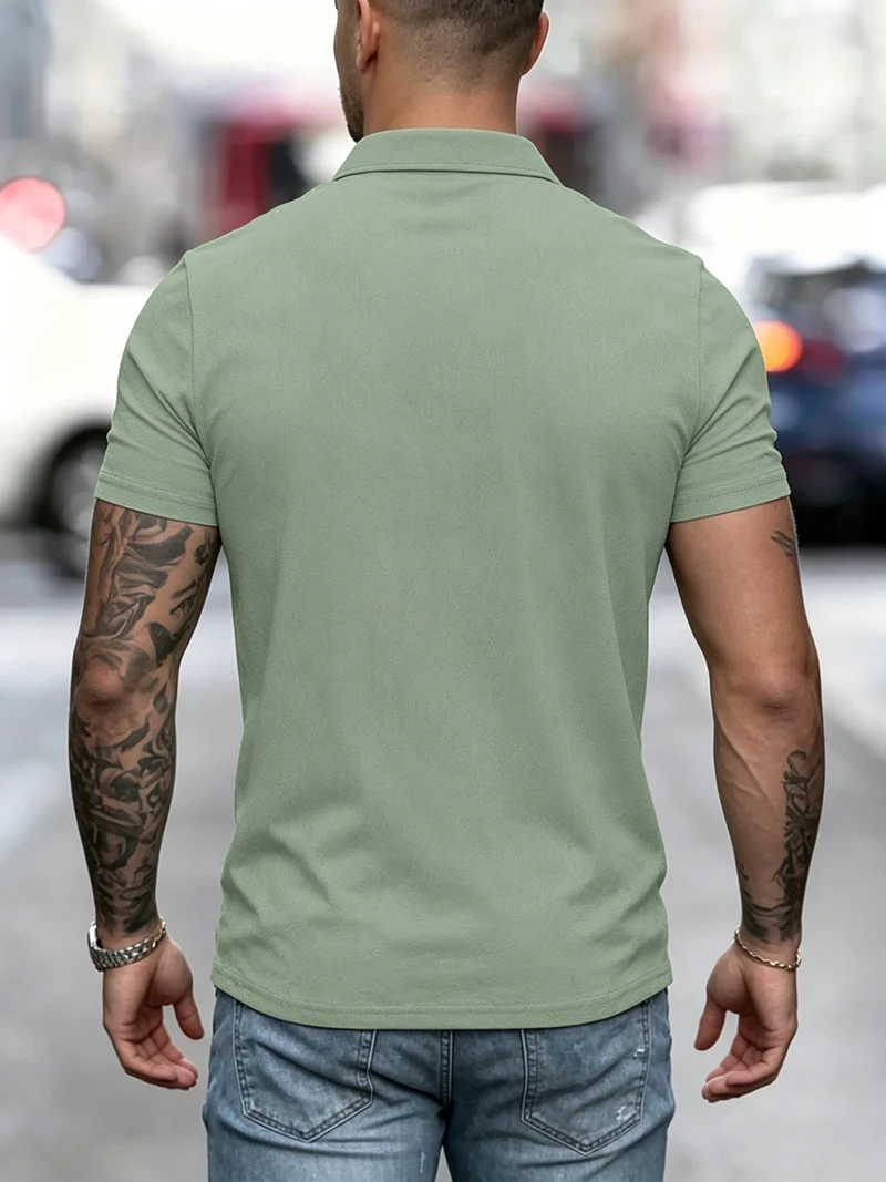 Polo da uomo in misto lino a maniche corte con abbottonatura, toppa sul petto, traspirante, casual, per golf, lavoro, uso quotidiano - immagine 2