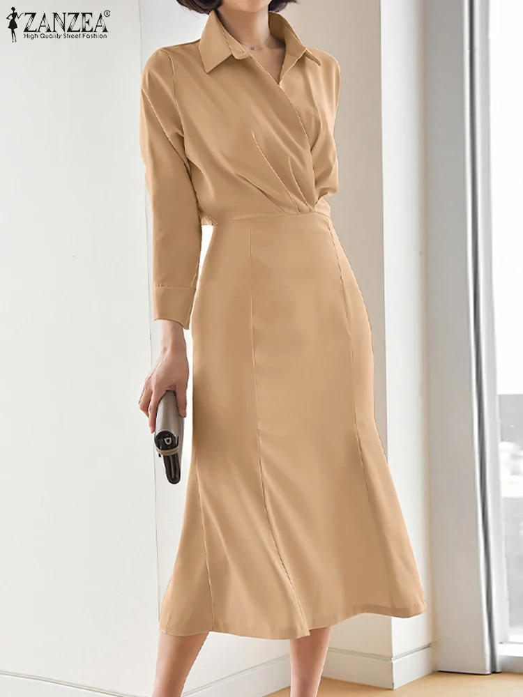 

ZANZEA Elegant Women Lapel Neck Half Sleeve Sundress Autumn Fashion Solid Mid-calf Vestido OL Work Robe Femme Bodycorn Dress