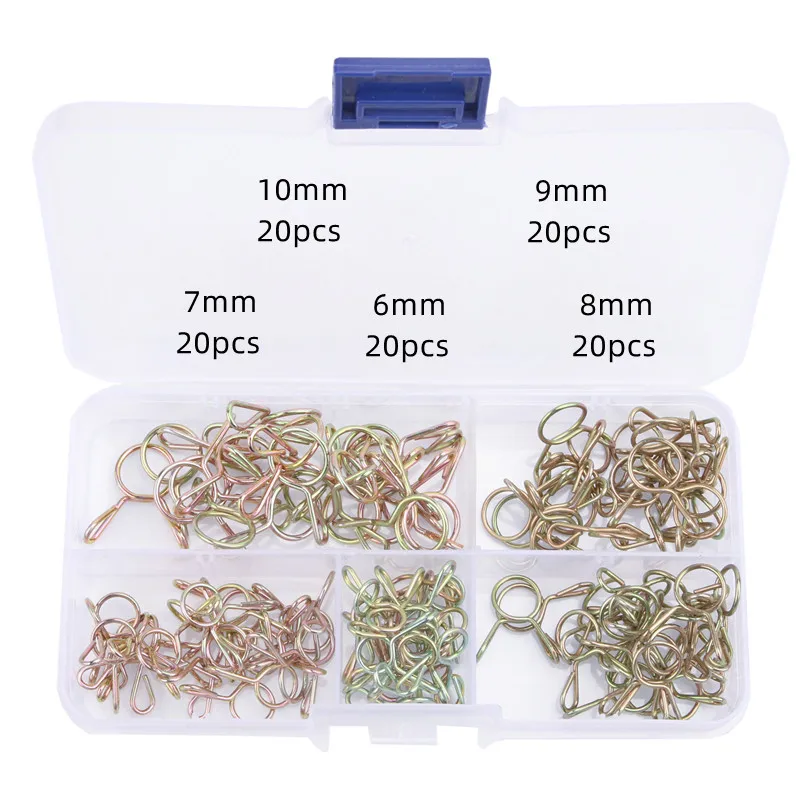 

100pcs Hose Clamp Zinc Plated Spring Clips Gear Hose Fuel Line Clamp for Boats ATVs Motorcycles 6/7/8/9/10mm with Storage Box