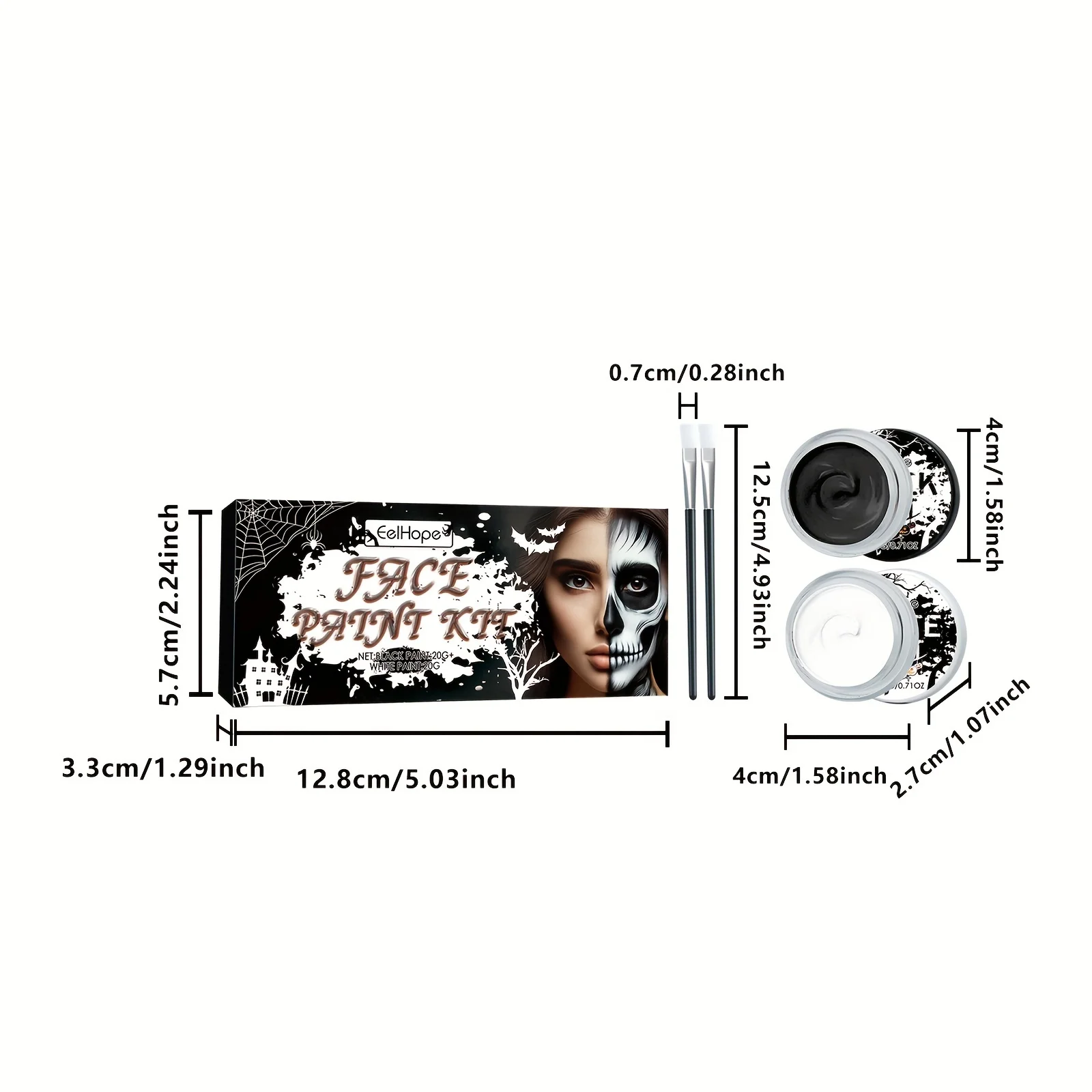 Black & White Face Body Paint Kit with Brushes Long-Lasting Makeup For Halloween Festive Fun Makeup Accessories Set