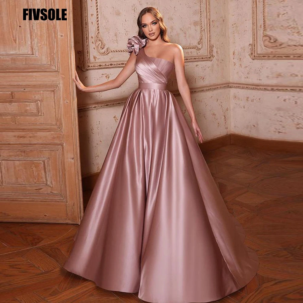 

Fivsole Dusty Pink Satin Prom Dresses Long Pleat With 3D Flowers Vintage A-line Vestidos Para Mujer Gala Evening Party Gowns