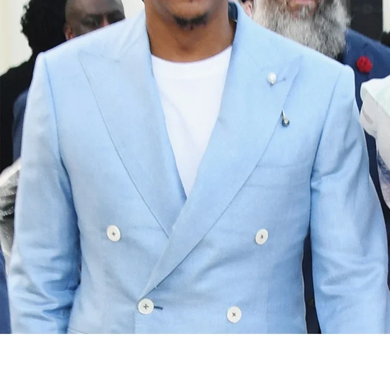 Double Breasted Light Blue Groom Tuxedos Peak Lapel Groomsmen Men Blazers Suit 2 Piece Male Fashion Jacket With Pants 2021