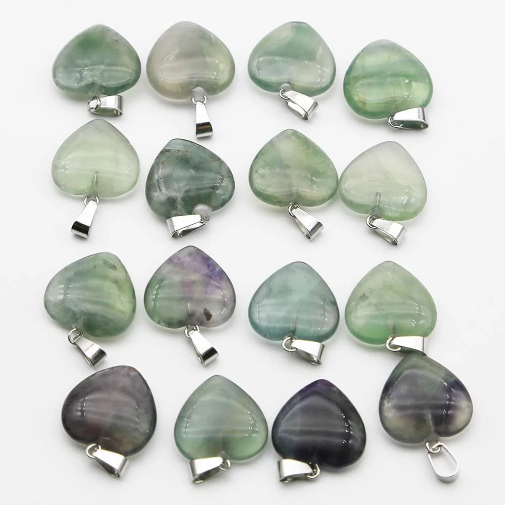20MM High Quality Natural Stone Fluorite Heart Necklace Pendants Mineral Healing Charms Jewelry Gift Accessories Wholesale 30Pcs