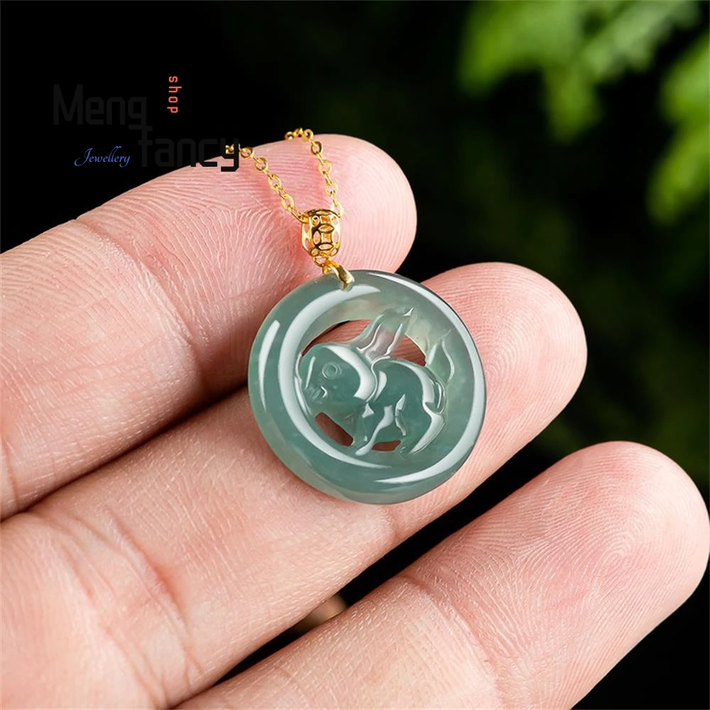 Natural A-goods Jadeite Blue Water Zodiac Rabbit Pendant 18K Gold Inlaid Ice Jade Cute Female Models Exquisite Fashion Jewelry