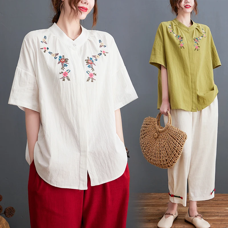 

Новинка 2023, свободные женские хлопковые топы, рубашка большого размера, однотонные Женские рубашки в китайском стиле с короткими рукавами и вышивкой X7994