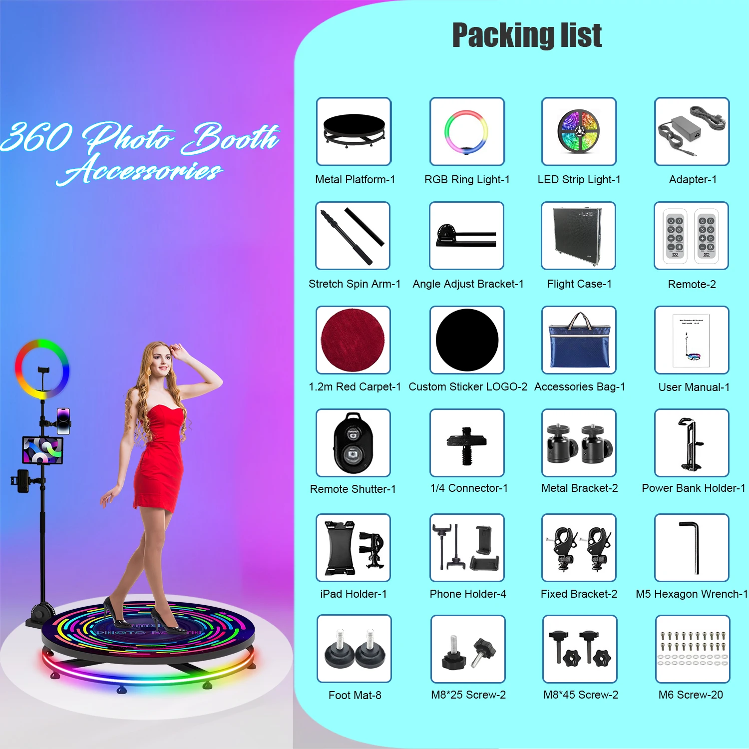 휴대용 360 사진 부스, 자동 회전 셀카 360 카메라 사진 부스, 비행 케이스 포함, 웨딩 파티 이벤트 포장, 68cm