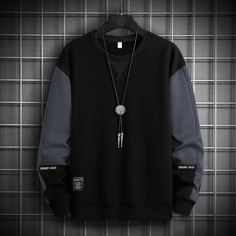 Spring Autumn Men's Solid Round Neck Patchwork Letter Printed Lantern Long Sleeve T-shirt Casual Sports Hoodies Vintage Tops