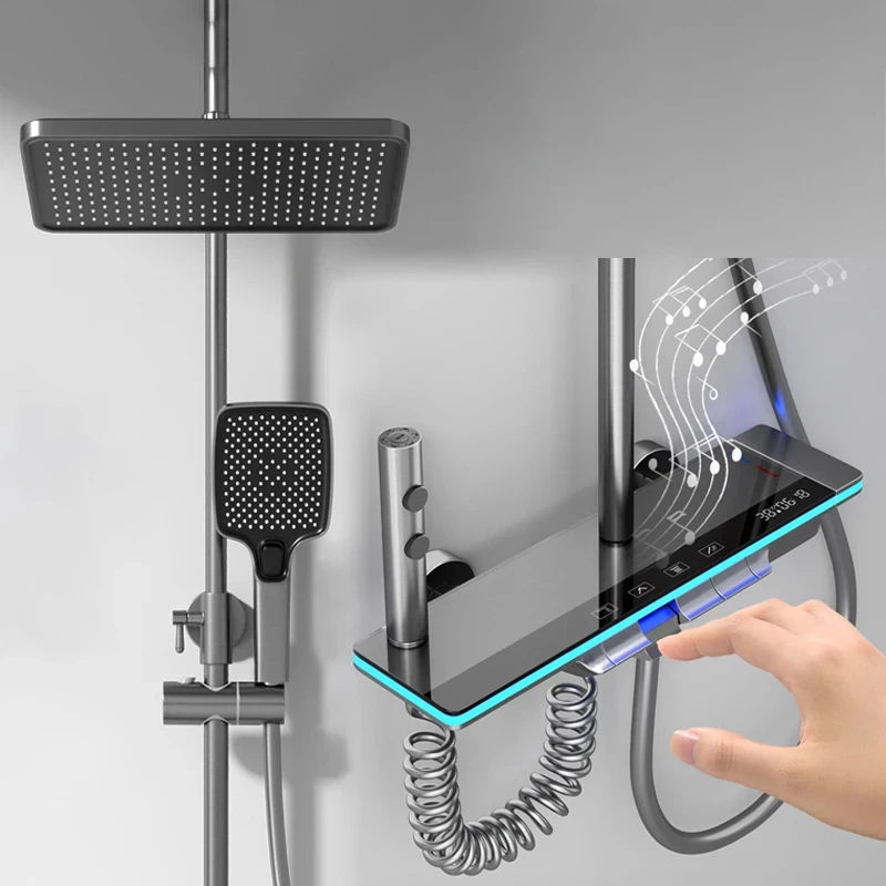 สีเทาชุดฝักบัวห้องน้ําร้อนและเย็นฝักบัวอาบน้ํา LED ดิจิตอล Ambient Light อ่างอาบน้ําระบบฝักบัวติดผนัง 1