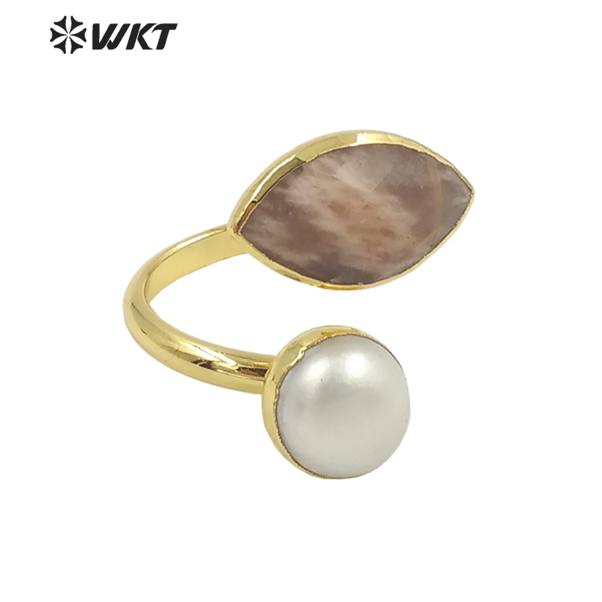 

WT-R406 WKT Beautiful Natural Stone Ring Eye Shape with Round Pearl Six Colors Choice For Women Birthday Gift Jewelry