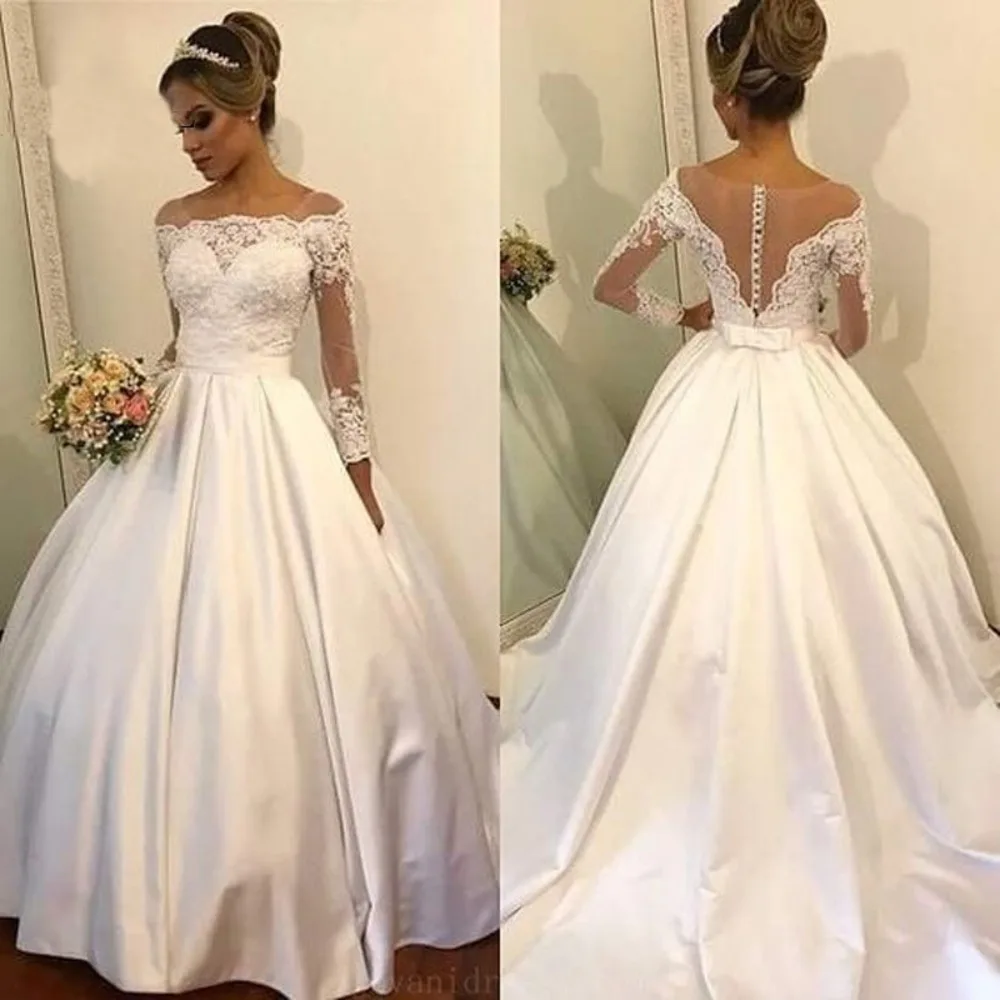 Princess Boat Neck Wedding Dresses Long Sleeves Appliques Floor Length Satin A-Line Bridal Gown Boho Vestido De Noiva
